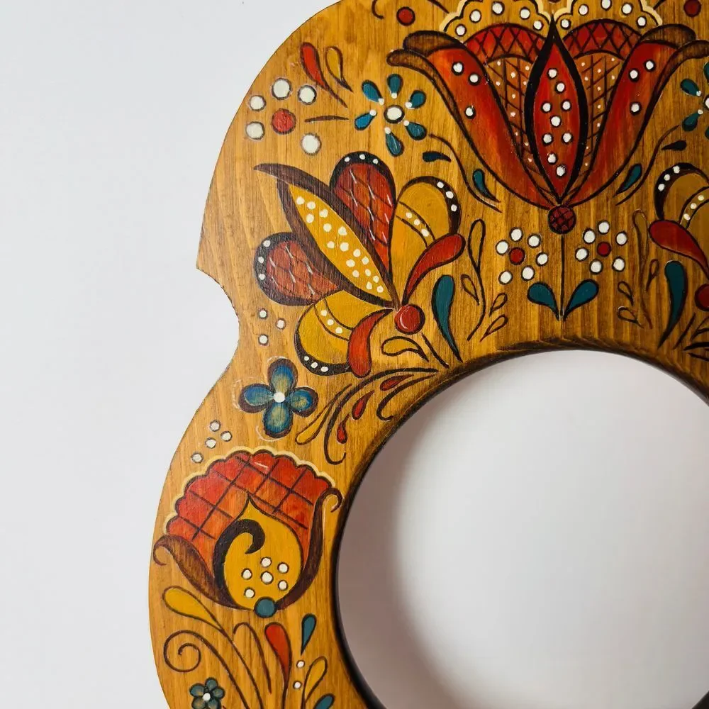 Vintage Handpainted Artisan Ornate Wooden Hanging‎ Wall Frame Mirror Floral
